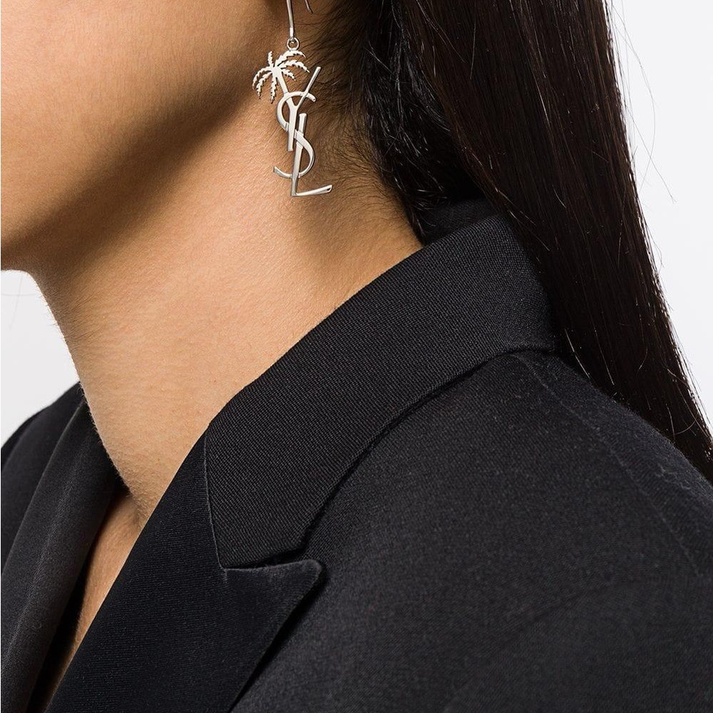 YSL Cassandre Monogram Palm Tree Logo Earrings | Silver